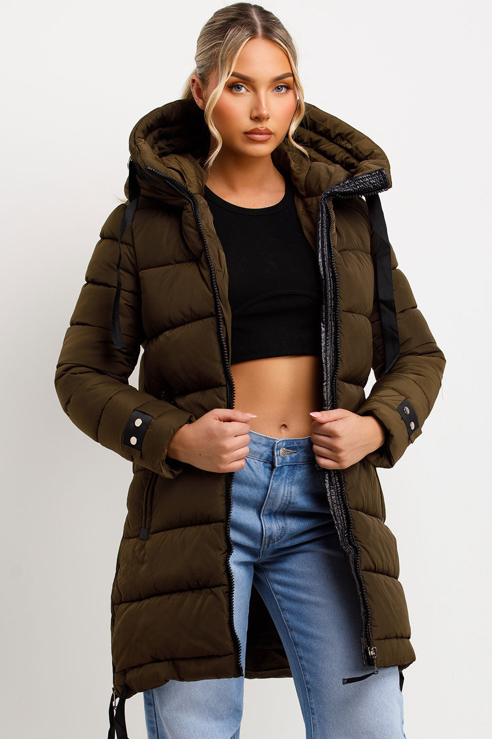Ivey | Women’s longline puffer coat with hood and side straps