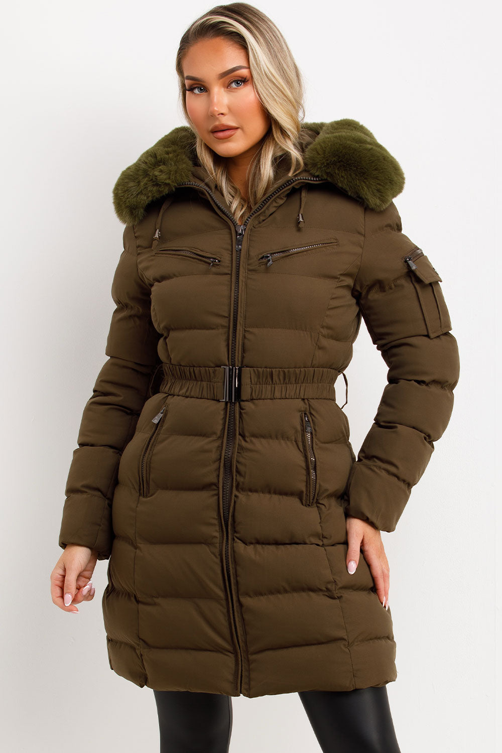 Viennan | Women’s longline belted puffer coat with faux fur hood
