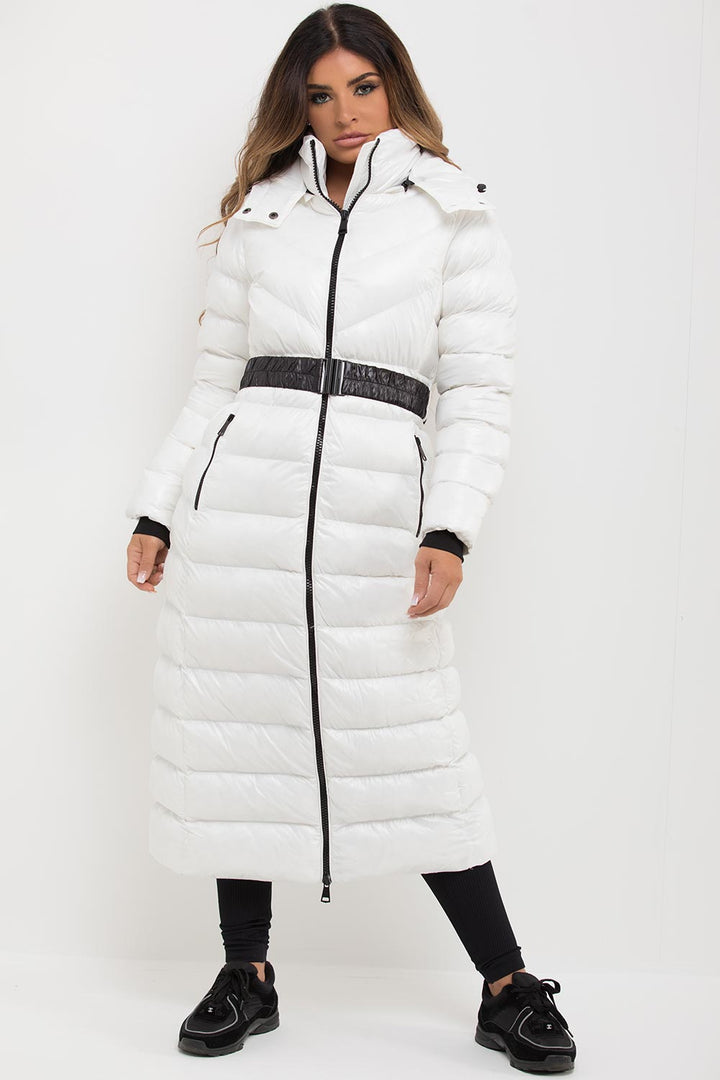 Lana | Women’s long belted puffer coat with hood