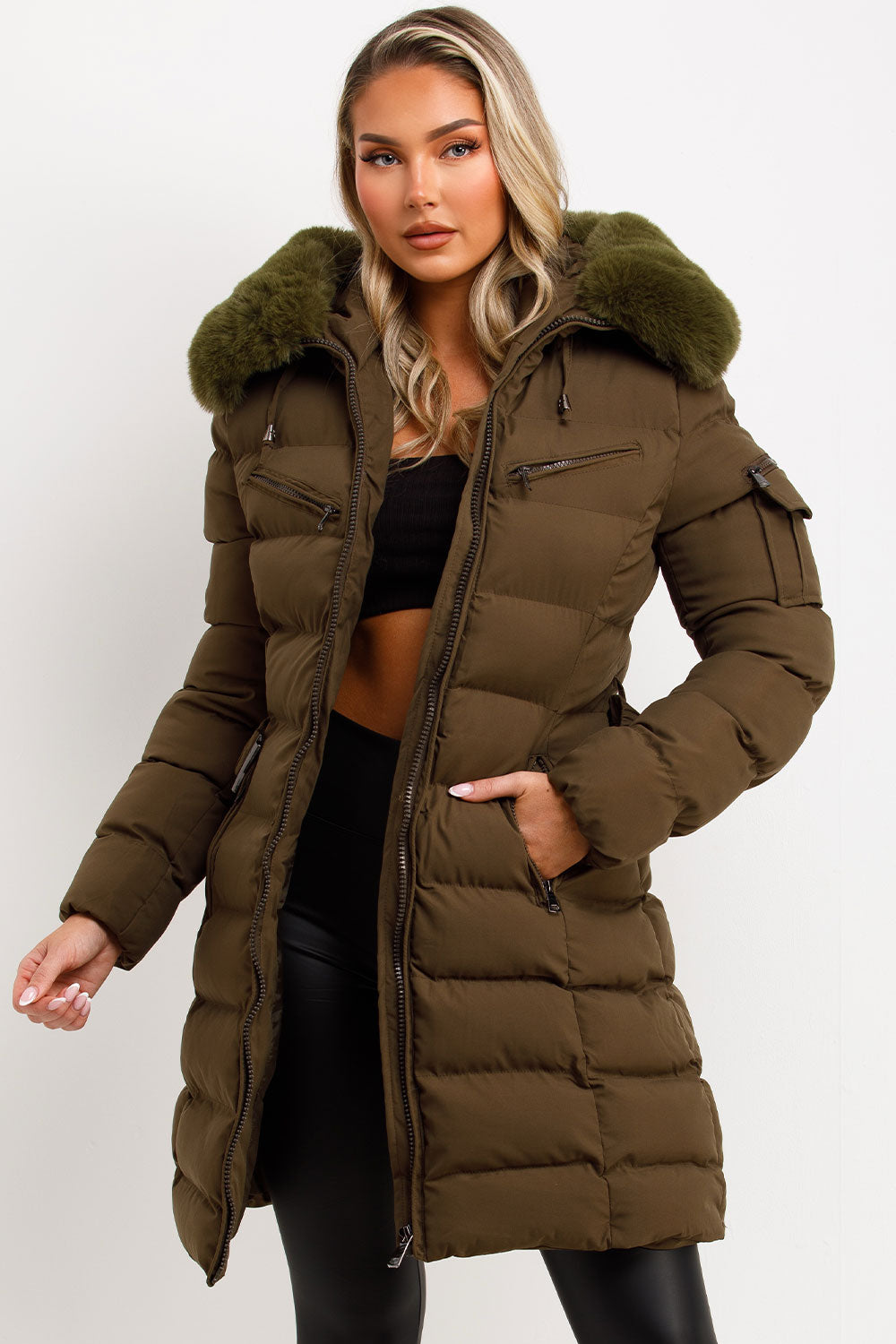 Viennan | Women’s longline belted puffer coat with faux fur hood