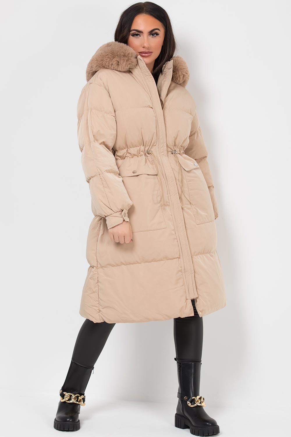 Jolie | Women's longline puffer coat with premium faux fur hood