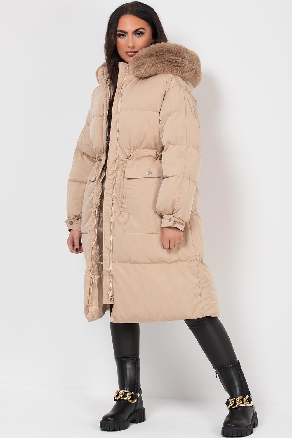 Jolie | Women's longline puffer coat with premium faux fur hood