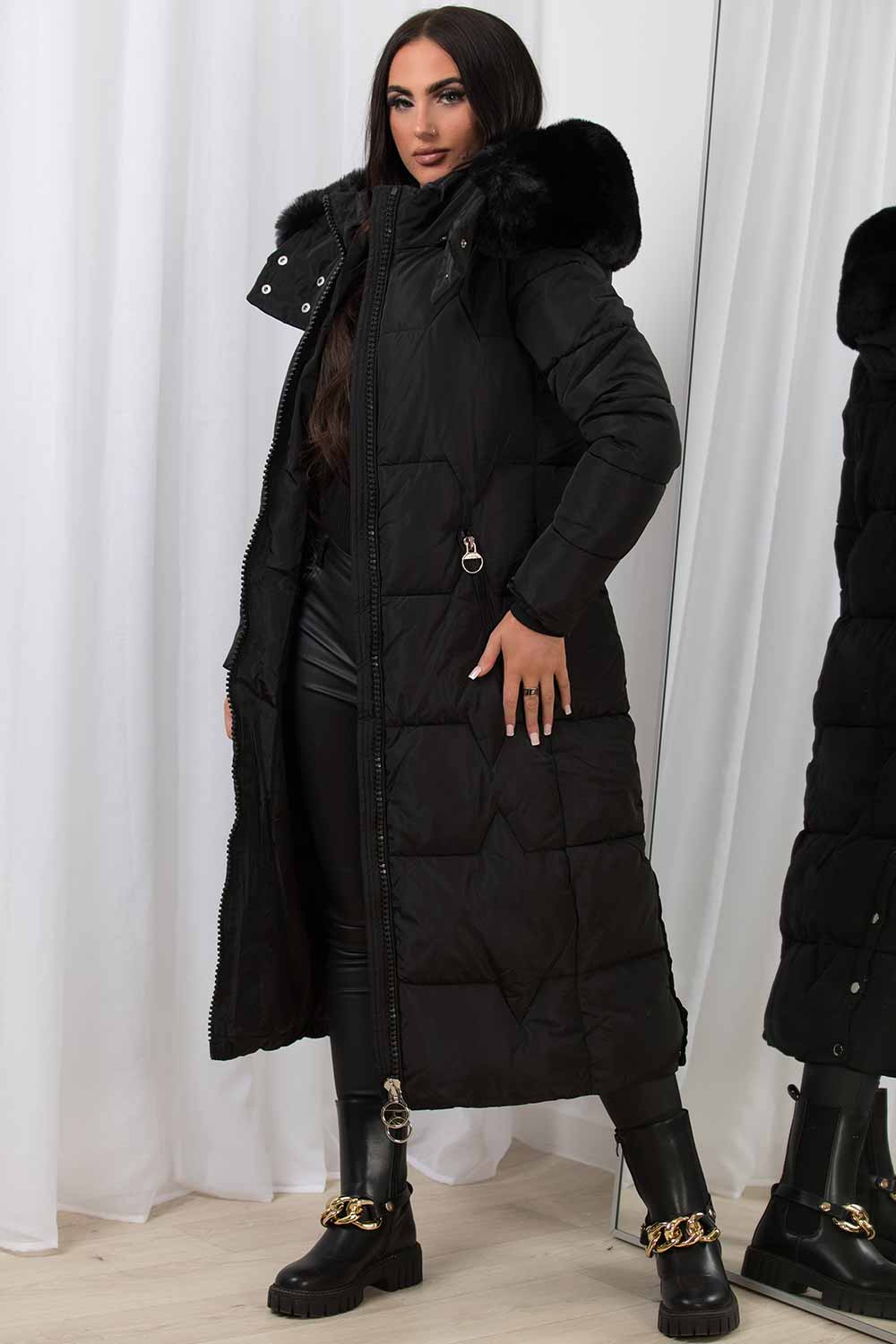 Maci | Women’s longline puffer coat with oversized faux fur hood