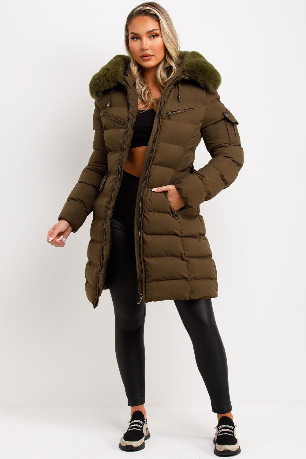 Viennan | Women’s longline belted puffer coat with faux fur hood