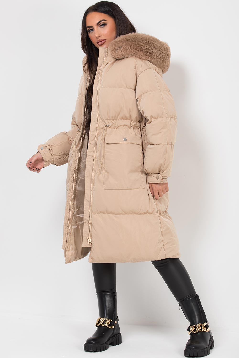 Jolie | Women's longline puffer coat with premium faux fur hood