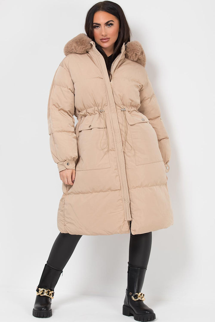 Jolie | Women's longline puffer coat with premium faux fur hood