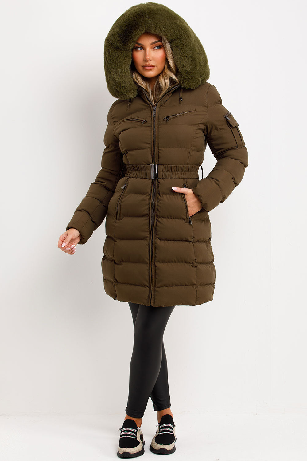 Viennan | Women’s longline belted puffer coat with faux fur hood