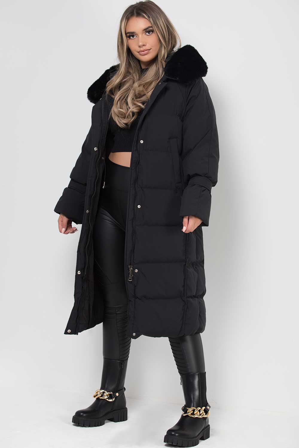 Flora | Women’s longline faux fur hood puffer coat