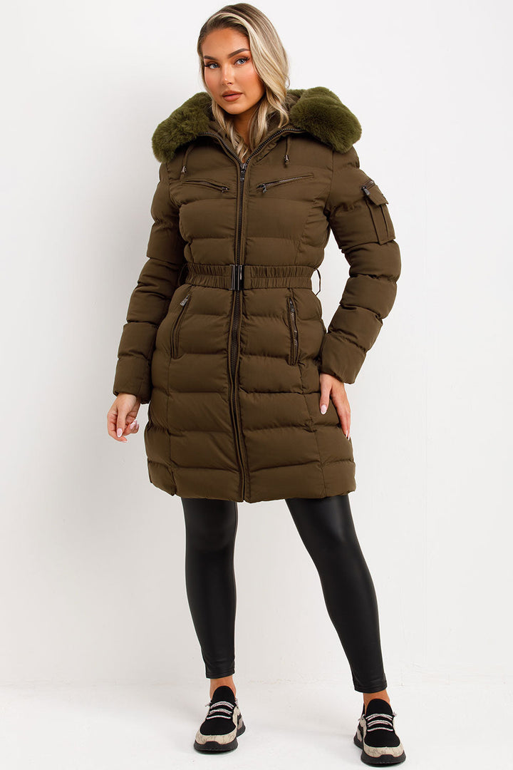 Viennan | Women’s longline belted puffer coat with faux fur hood