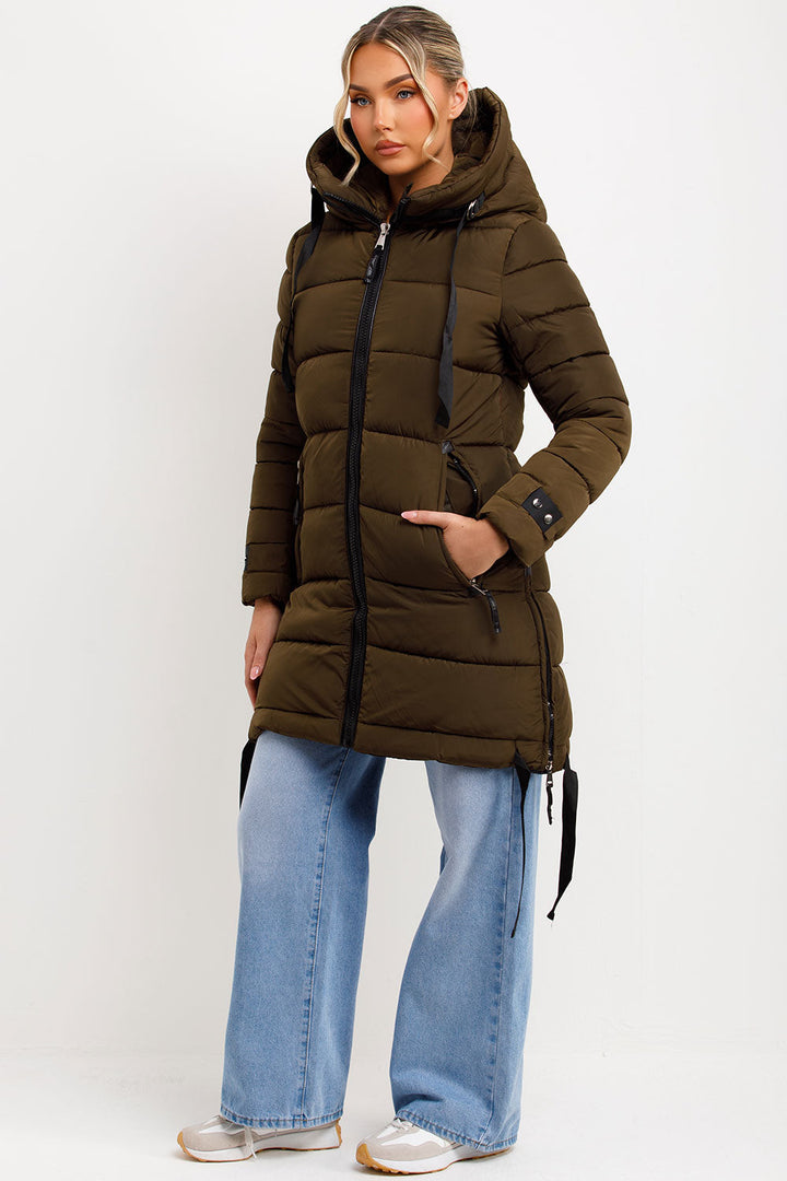 Ivey | Women’s longline puffer coat with hood and side straps