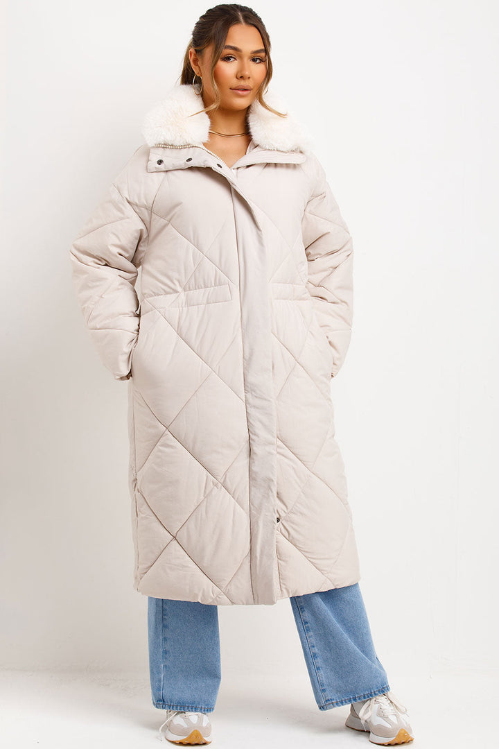 Jazmine | Women’s long quilted puffer coat with faux fur collar