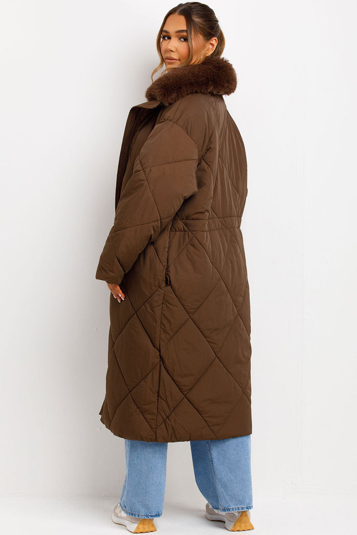 Shay | Women’s long quilted puffer coat with faux fur collar