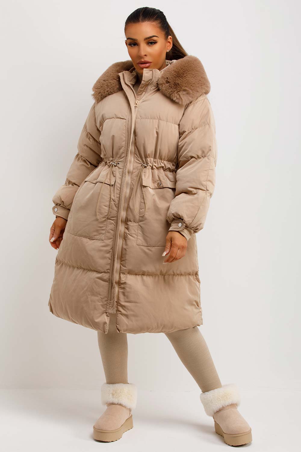 Jolie | Women's longline puffer coat with premium faux fur hood