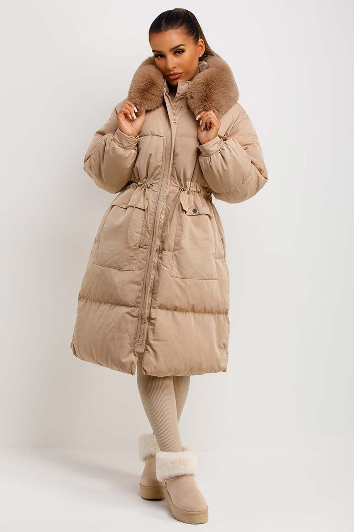 Jolie | Women's longline puffer coat with premium faux fur hood