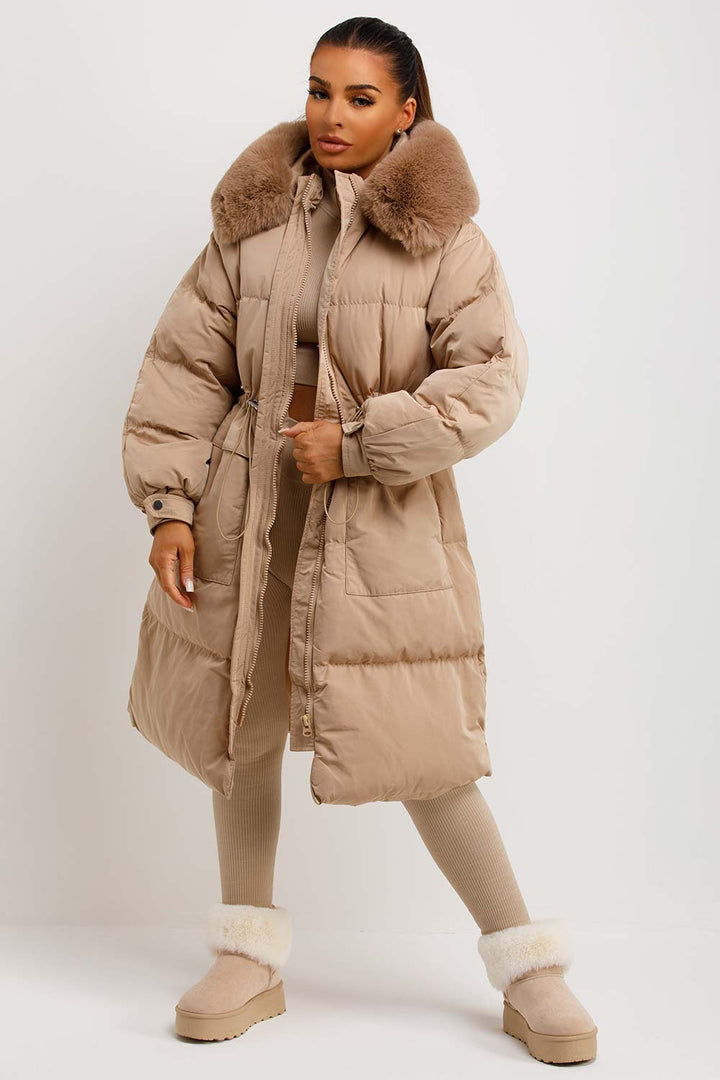 Jolie | Women's longline puffer coat with premium faux fur hood