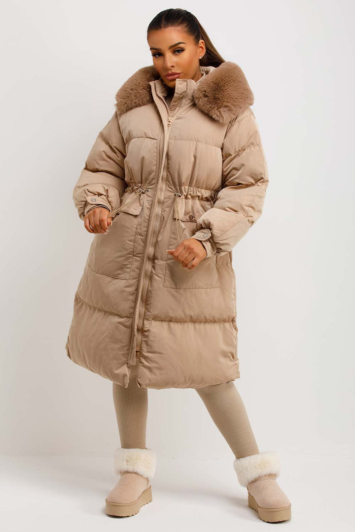 Jolie | Women's longline puffer coat with premium faux fur hood
