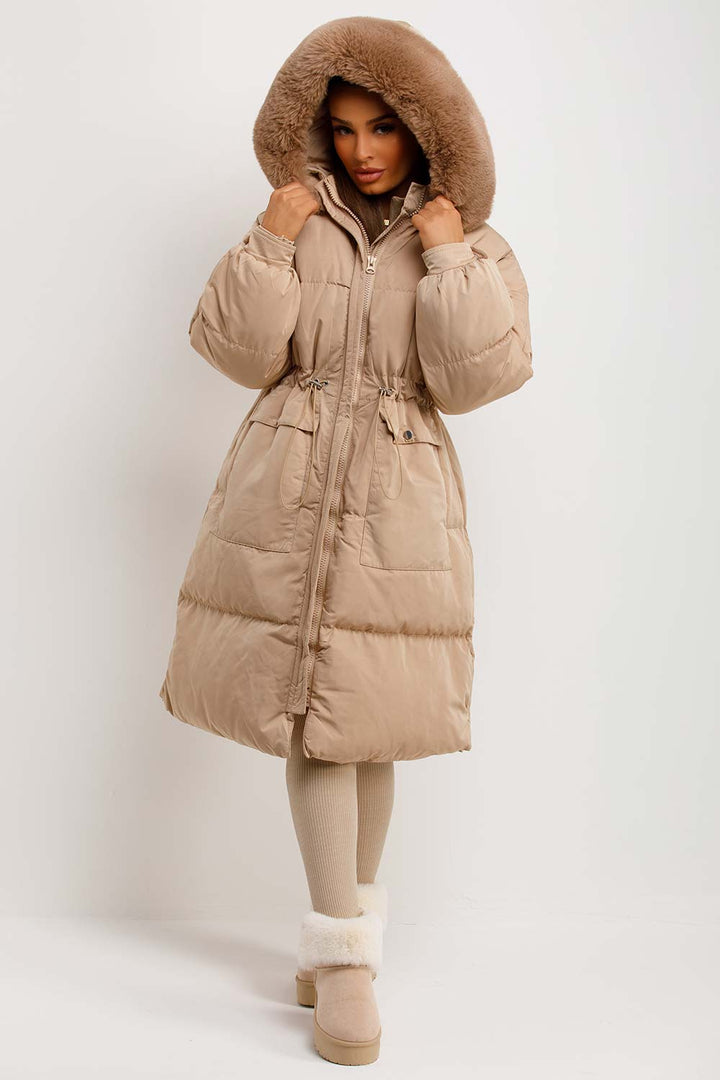 Jolie | Women's longline puffer coat with premium faux fur hood