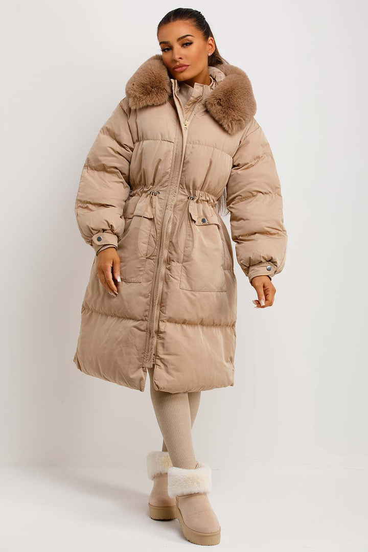 Jolie | Women's longline puffer coat with premium faux fur hood