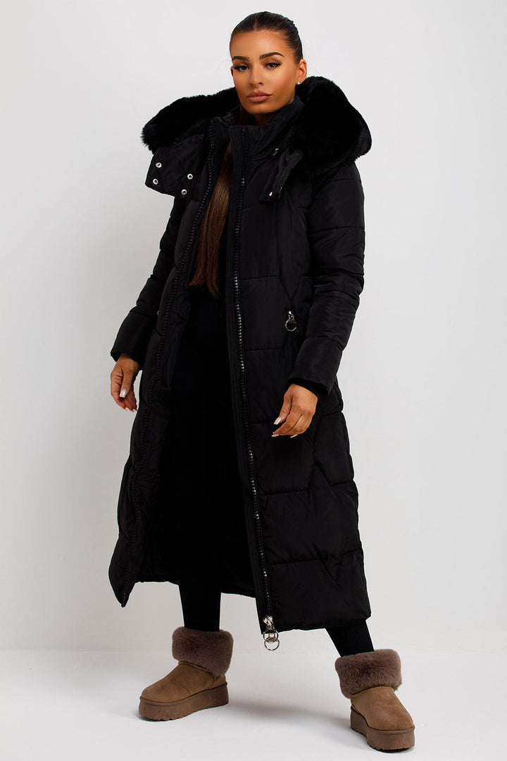 Maci | Women’s longline puffer coat with oversized faux fur hood