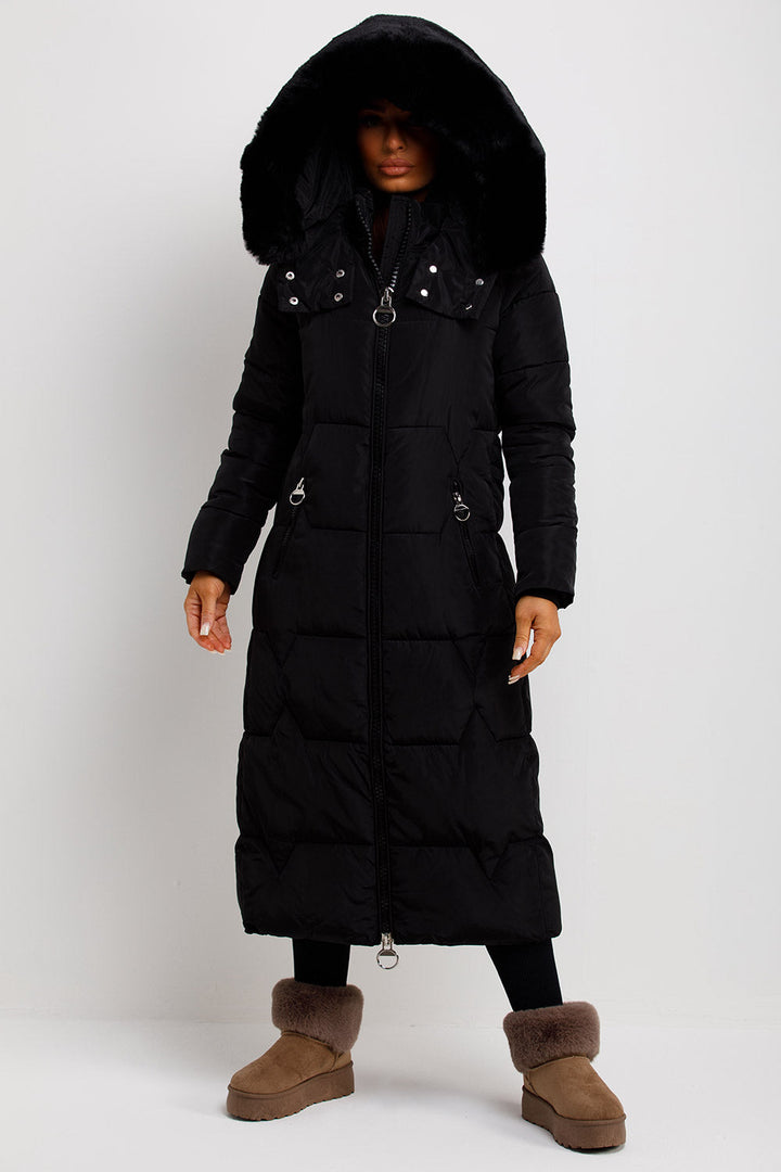 Maci | Women’s longline puffer coat with oversized faux fur hood