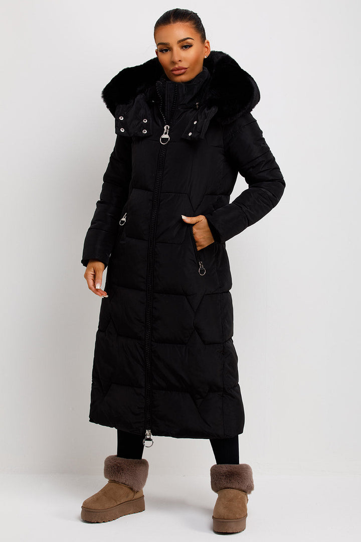 Maci | Women’s longline puffer coat with oversized faux fur hood