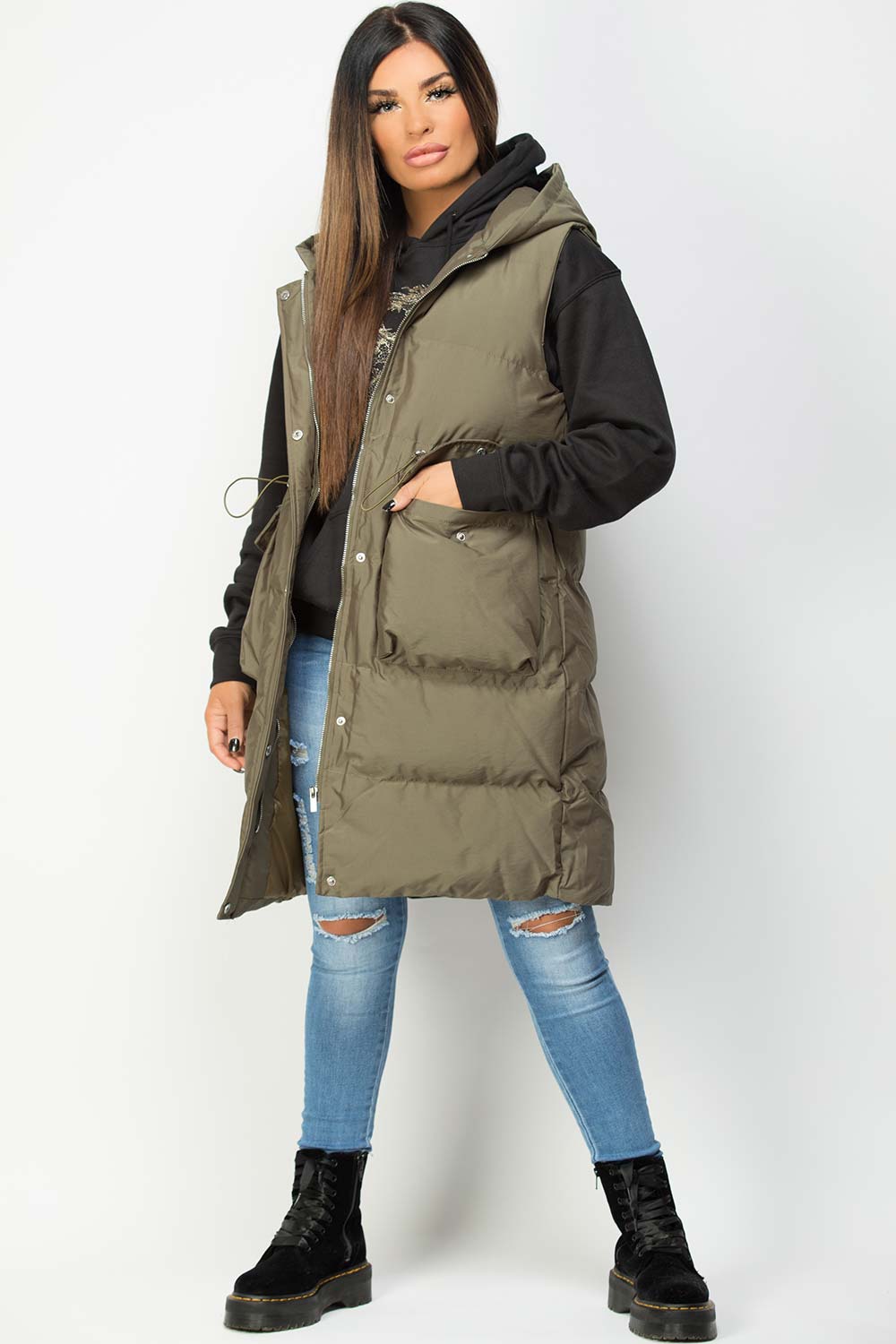 Alejandra | Women’s hooded longline puffer vest with drawstring waist