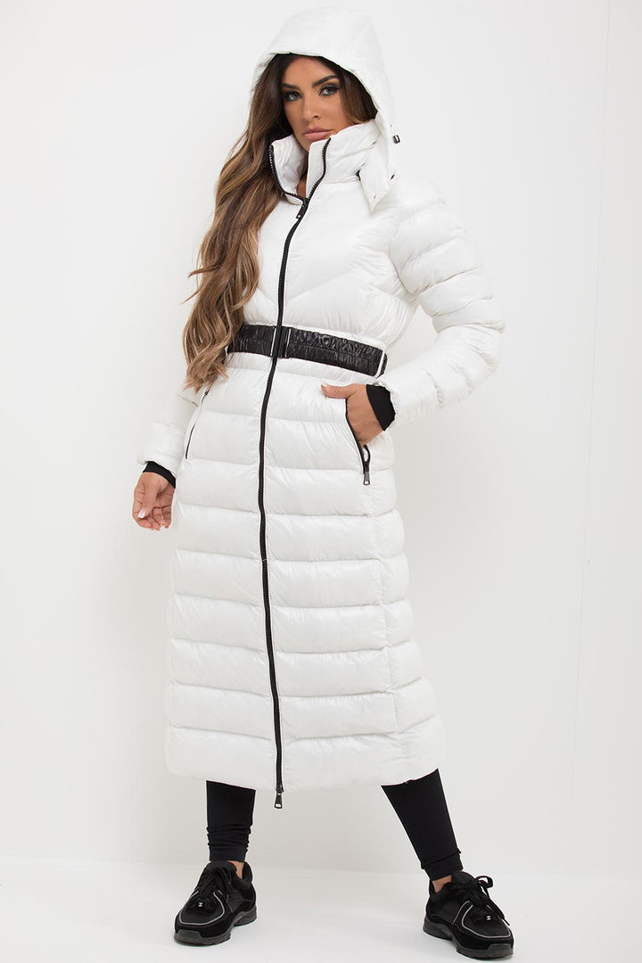 Lana | Women’s long belted puffer coat with hood