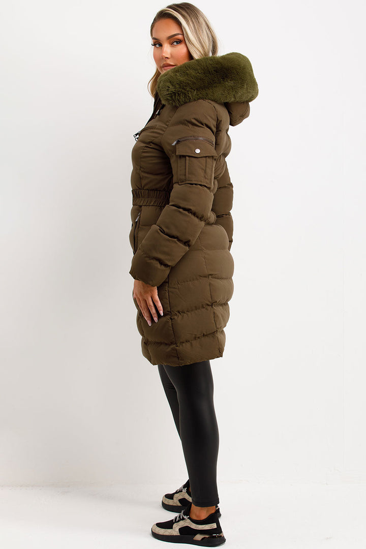 Viennan | Women’s longline belted puffer coat with faux fur hood