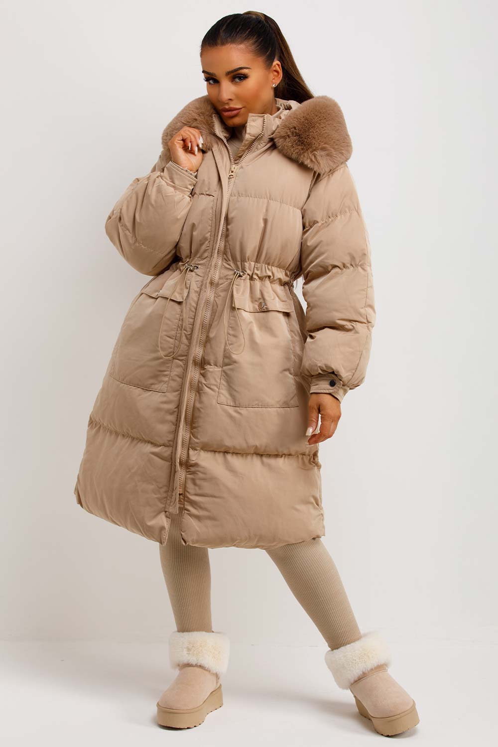 Jolie | Women's longline puffer coat with premium faux fur hood