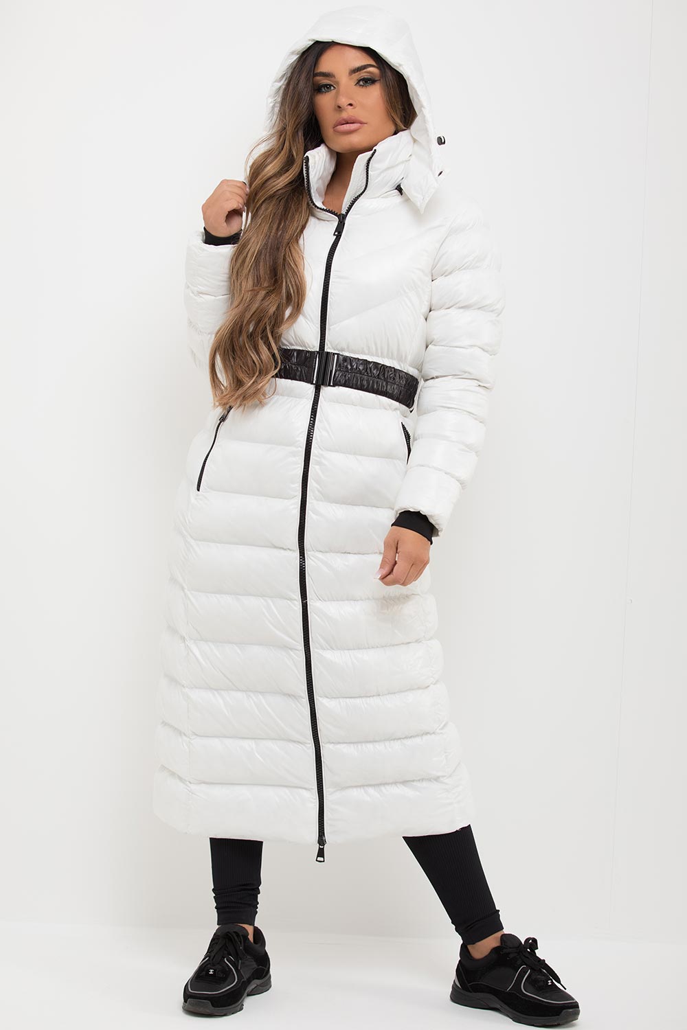 Lana | Women’s long belted puffer coat with hood