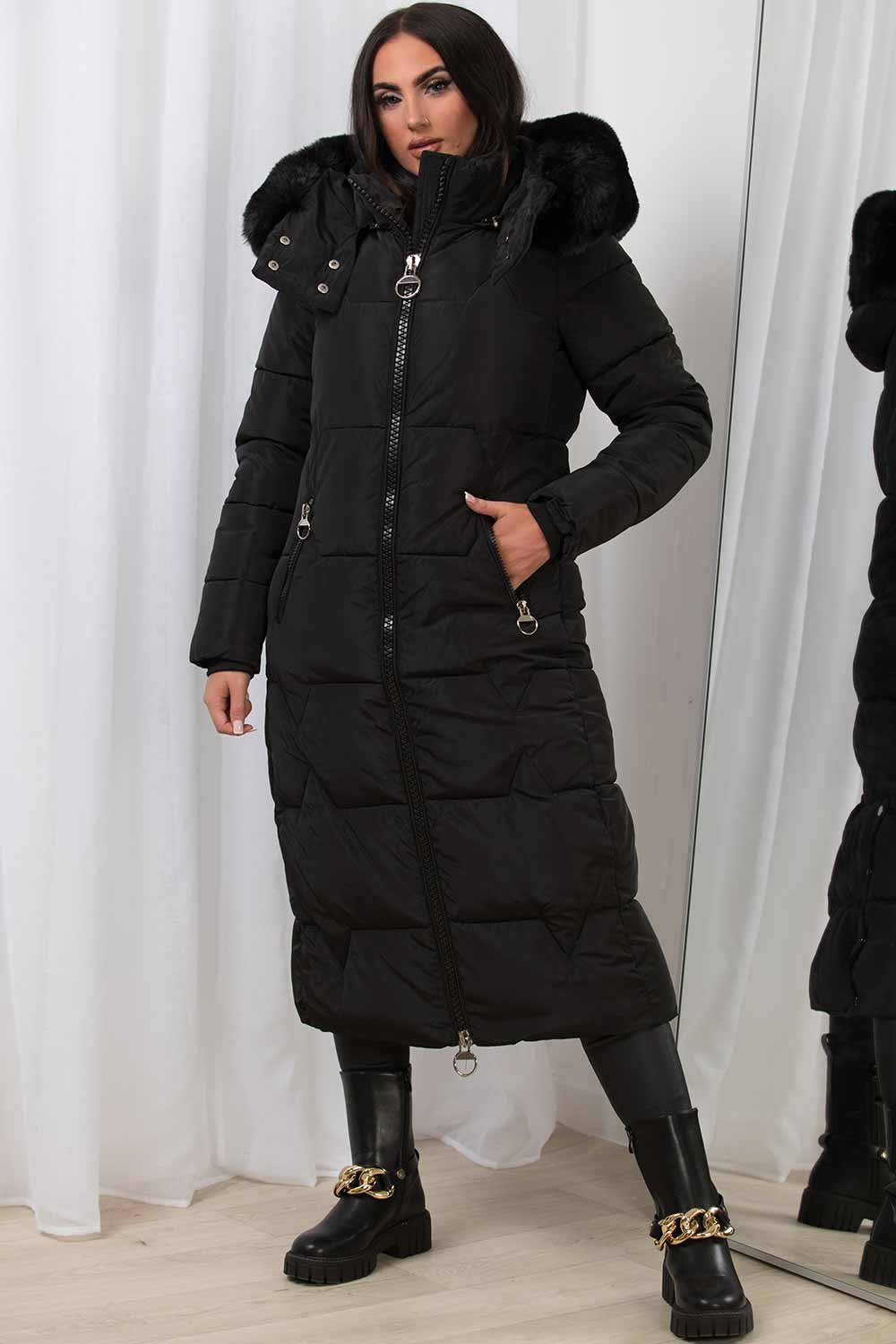 Maci | Women’s longline puffer coat with oversized faux fur hood