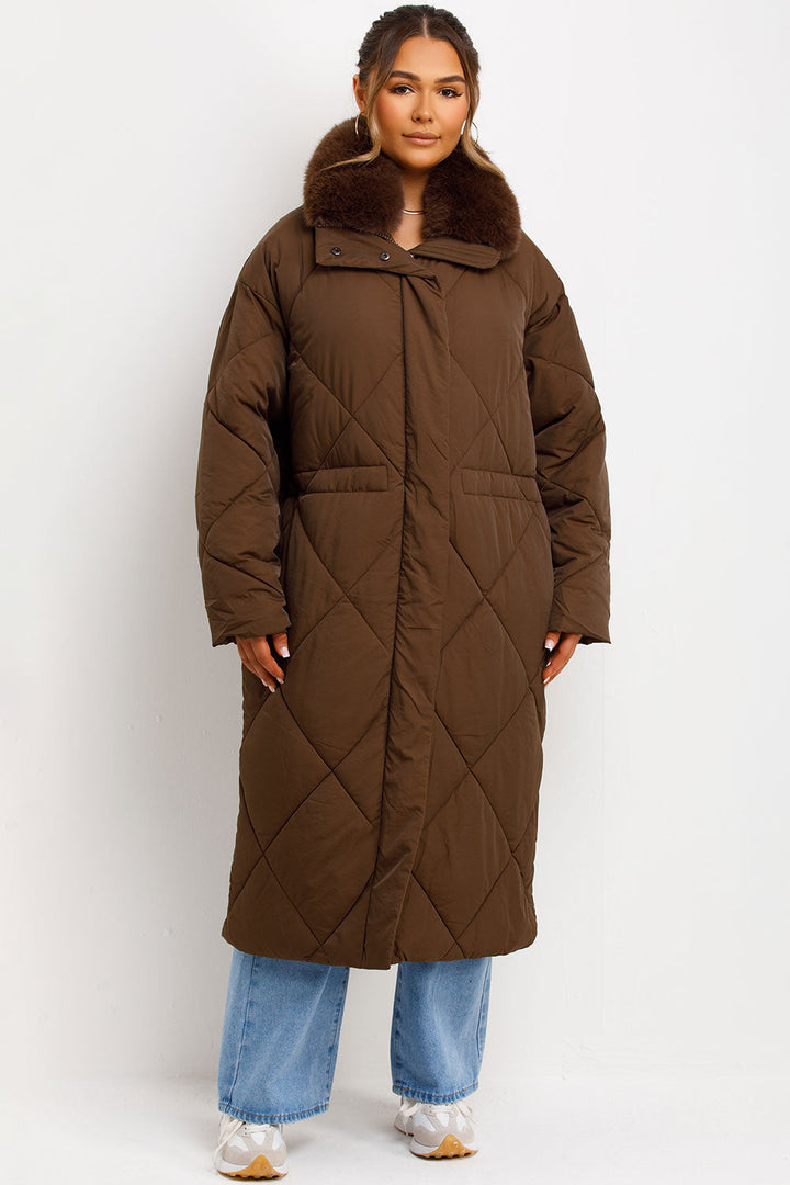 Shay | Women’s long quilted puffer coat with faux fur collar