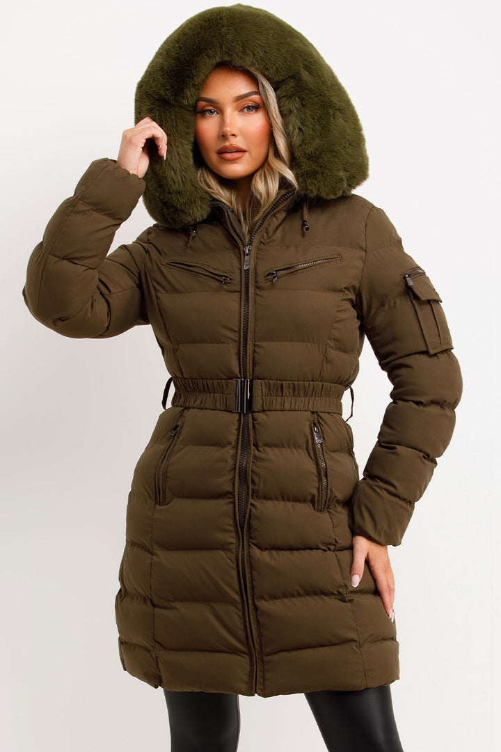 Viennan | Women’s longline belted puffer coat with faux fur hood
