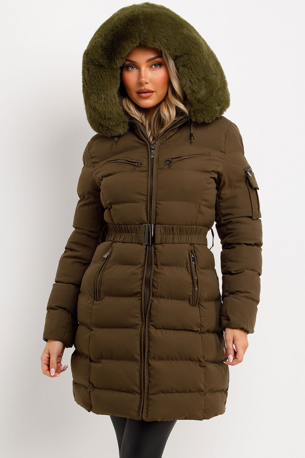 Viennan | Women’s longline belted puffer coat with faux fur hood
