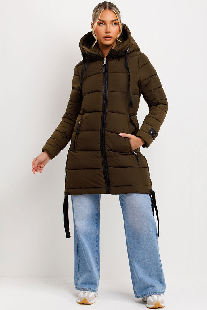 Ivey | Women’s longline puffer coat with hood and side straps