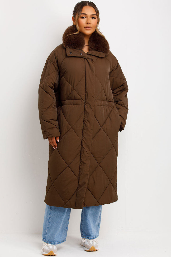 Shay | Women’s long quilted puffer coat with faux fur collar