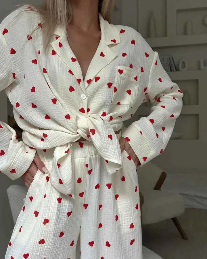 Amelie | Women's heart print two-piece pajama set with wide-leg pants