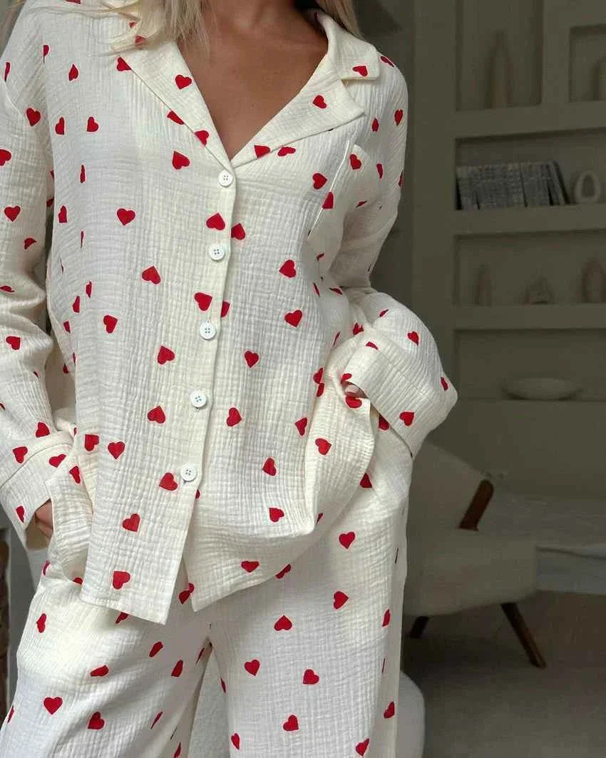Amelie | Women's heart print two-piece pajama set with wide-leg pants