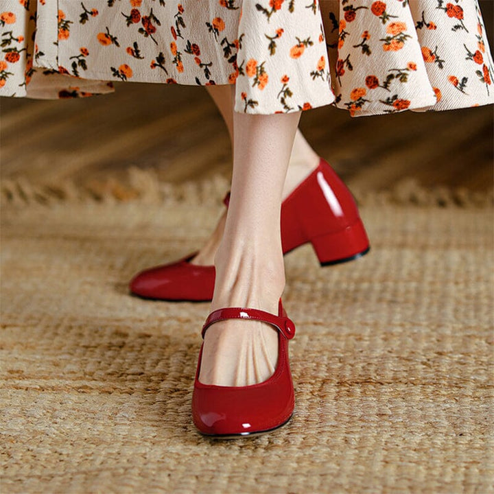 Anika | Women's glossy buckle block heel sandals with rounded shape