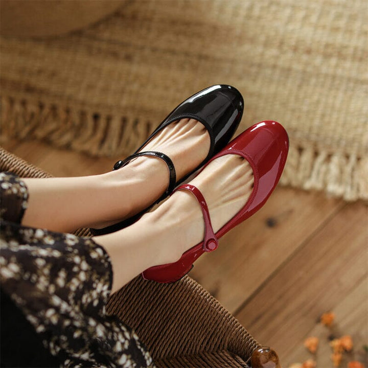 Anika | Women's glossy buckle block heel sandals with rounded shape