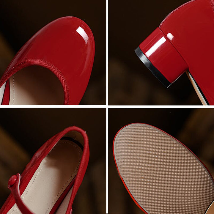 Anika | Women's glossy buckle block heel sandals with rounded shape