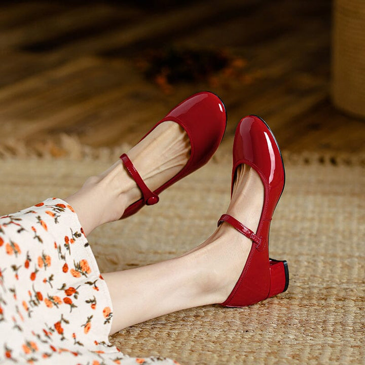 Anika | Women's glossy buckle block heel sandals with rounded shape