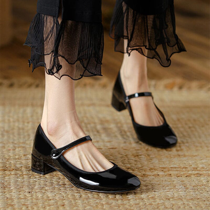 Anika | Women's glossy buckle block heel sandals with rounded shape