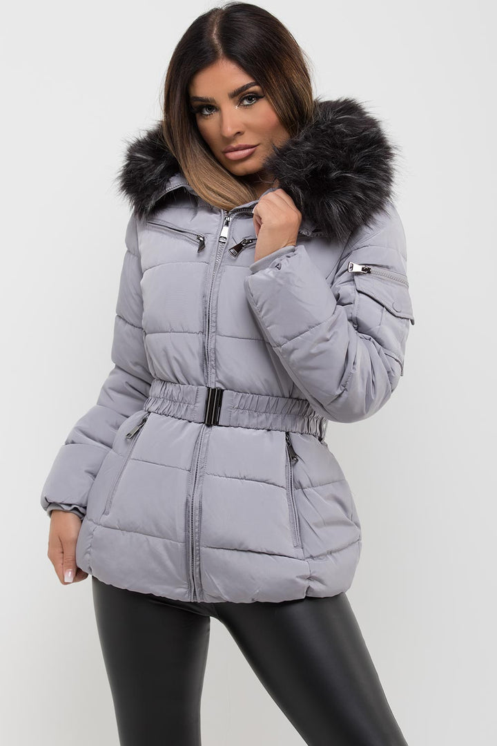 Cassidy | Women’s belted puffer jacket with detachable faux fur hood
