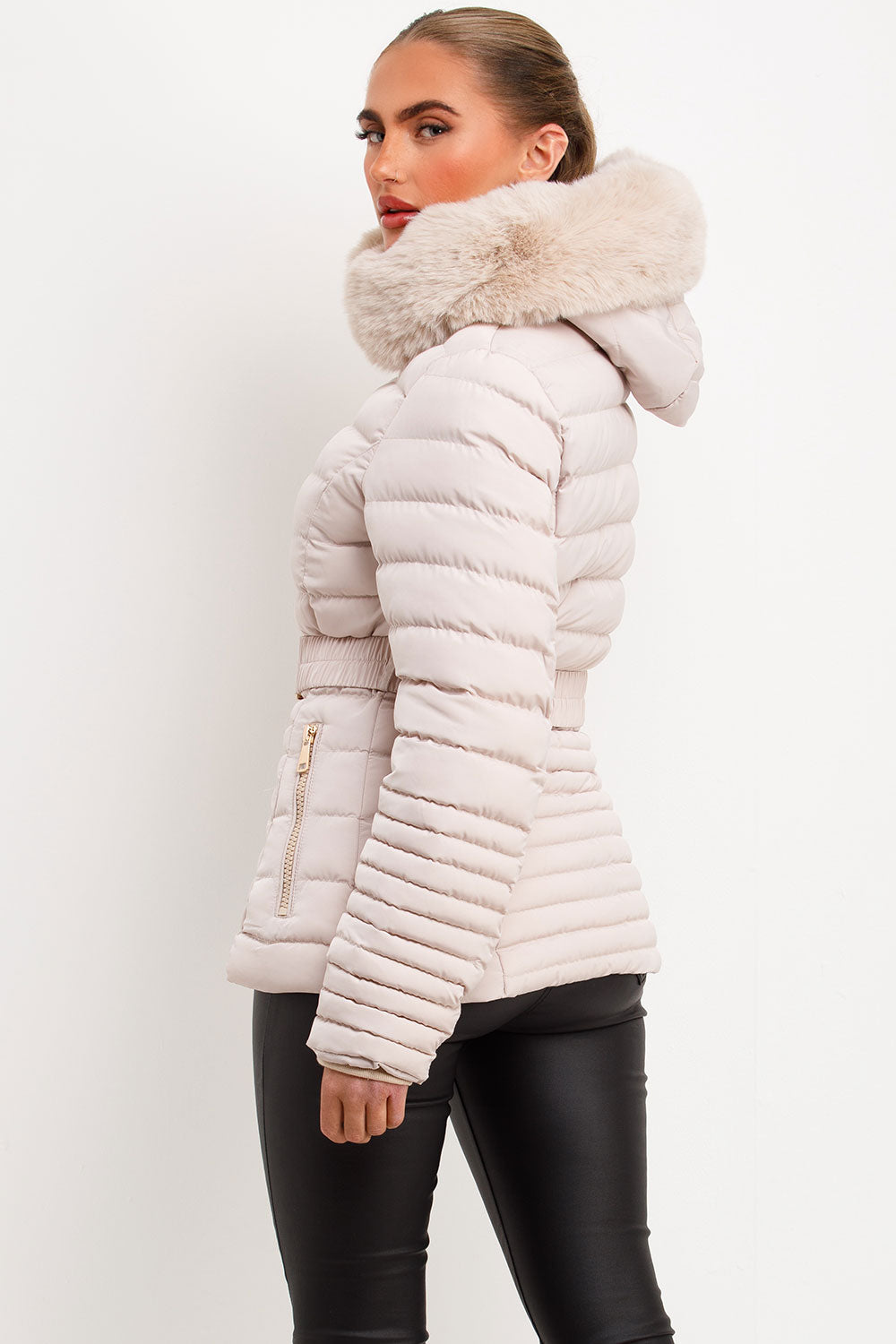 Penny | Women’s faux fur hooded puffer jacket with gold belt