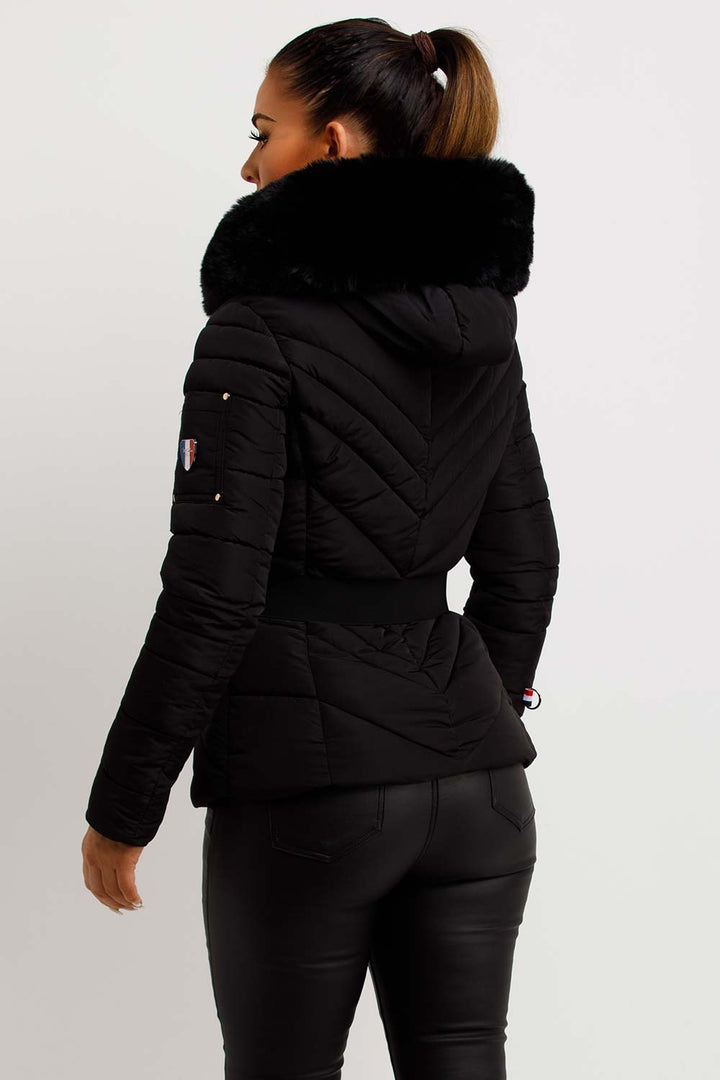 Michelle | Women’s luxe belted puffer jacket with faux fur hood
