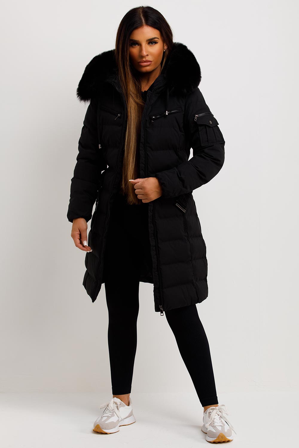 Madelyn | Women’s belted long puffer coat with faux fur hood