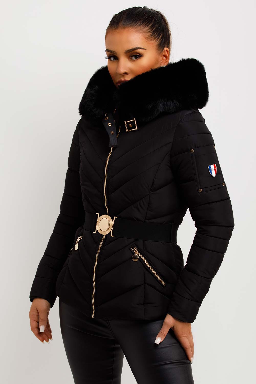 Michelle | Women’s luxe belted puffer jacket with faux fur hood