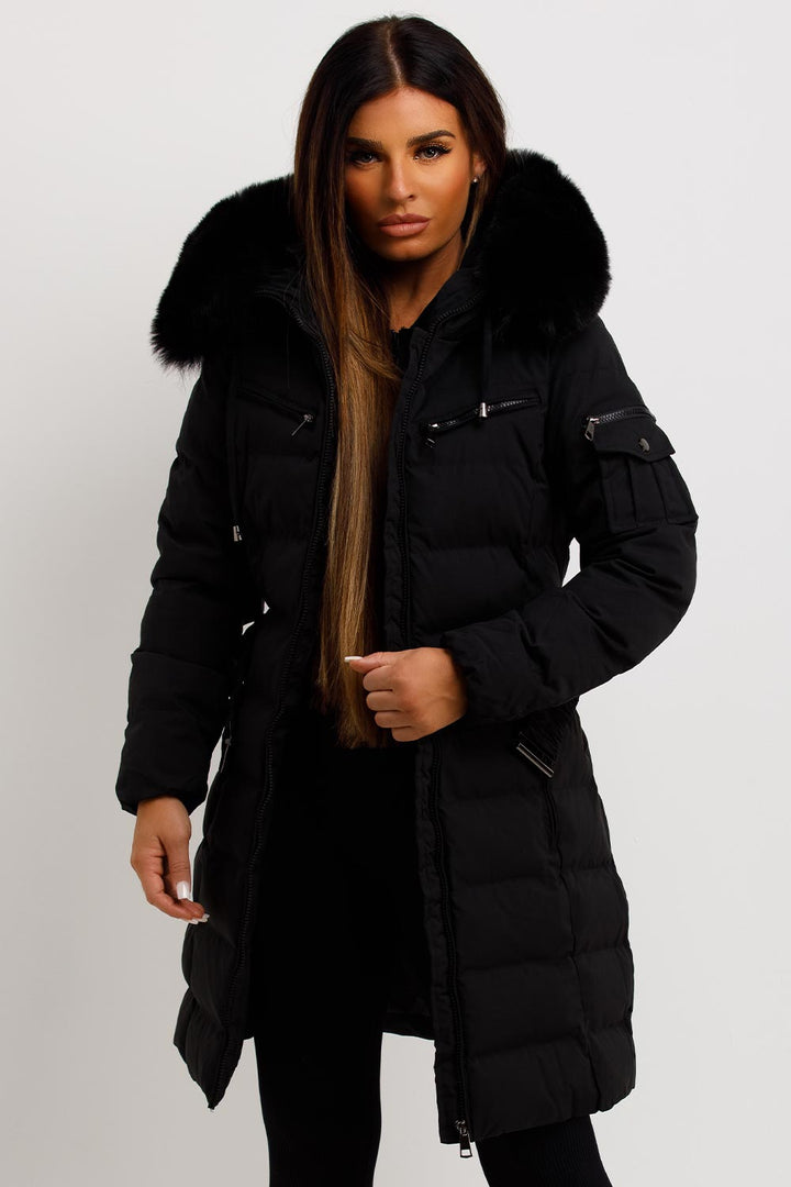Madelyn | Women’s belted long puffer coat with faux fur hood