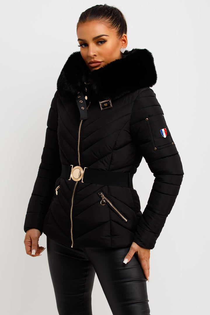 Michelle | Women’s luxe belted puffer jacket with faux fur hood